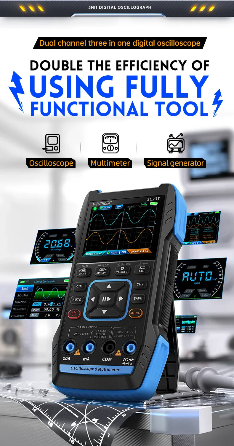 2C23T 3IN1 Dual Channel Digital Oscilloscope Multimeter + Function Signal Generator
