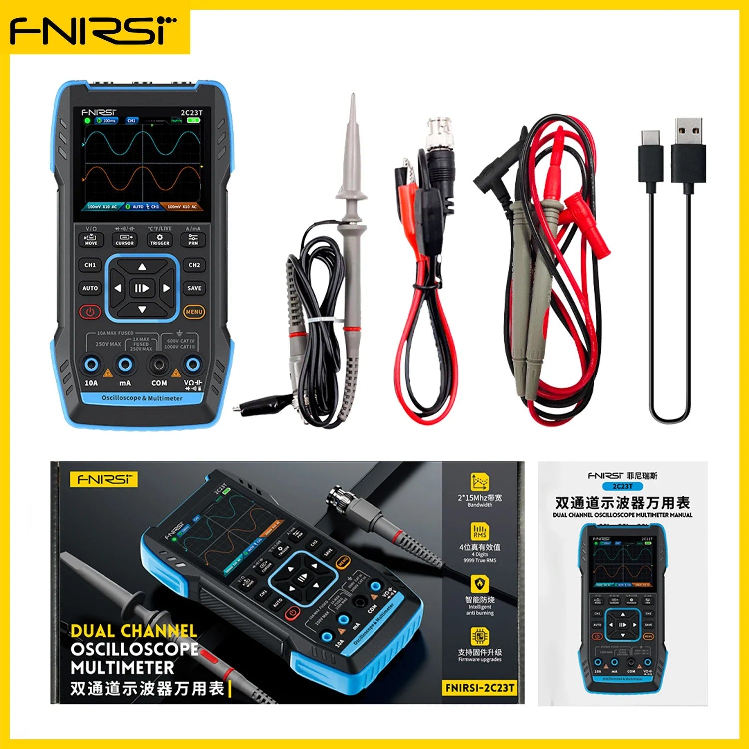 2C23T 3IN1 Dual Channel Digital Oscilloscope Multimeter + Function Signal Generator